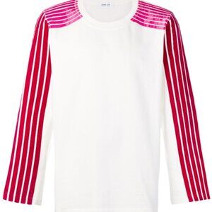 White Long Sleeve Tee with Pink & Red Striped Sleeves -